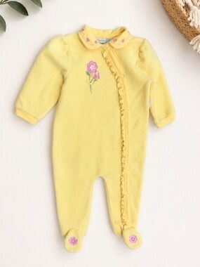 VTG 90s Baby Girl Delicate Floral Fleece Footies 18 M Vitamin Baby Yellow Floral